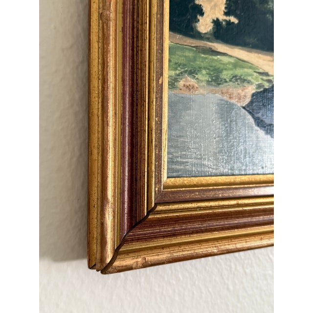 Dark Green Vintage French Landscape Painting in Gilt Frame For Sale - Image 8 of 9