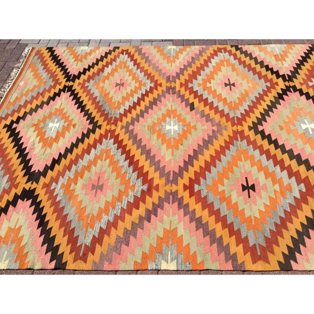 Mid-Century Modern Vintage Turkish Diamond Design Kilim Rug - 110" X 79.5" For Sale - Image 3 of 11