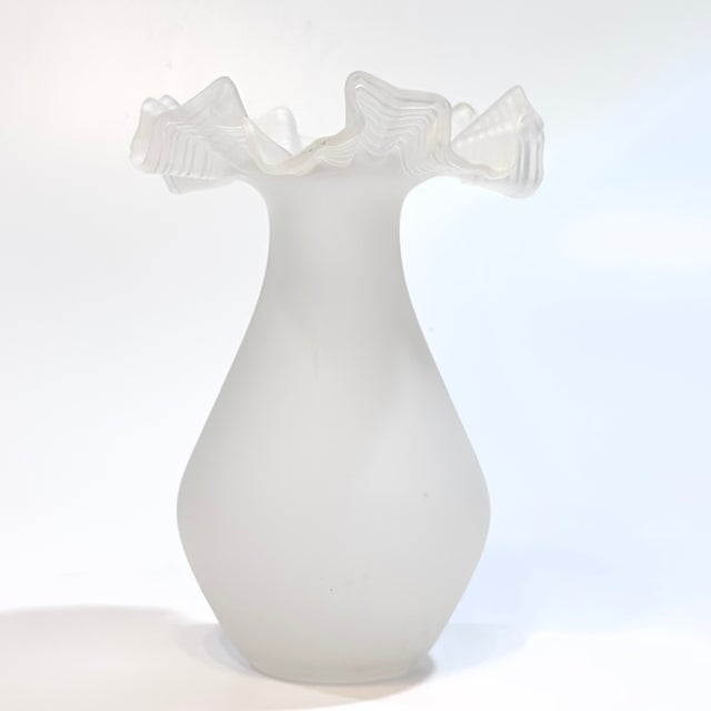 Rare White Frosted Glass Vase With Eye-Catching Ruffled Top Circa 1980s For Sale - Image 4 of 13