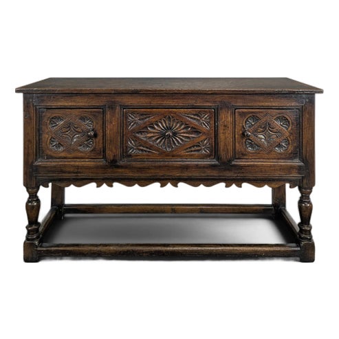 Rustic Carved Oak Serving Cart For Sale