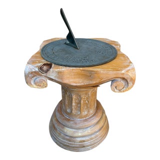 Late 20th Century Iron Verdigris Sundial on Neoclassical Carved Wooden Columnar Pedestal Stand For Sale