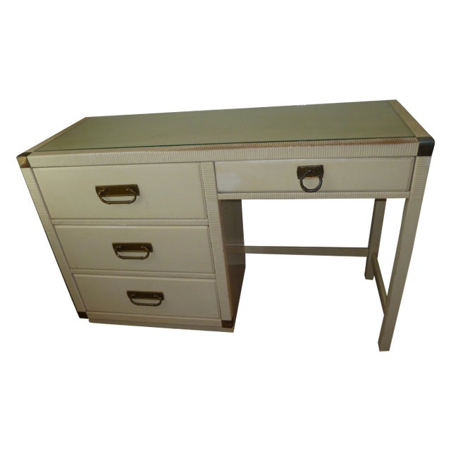 Wood Vitg Wicker Touched Up Drexel Campaign Lacquered Natural Rattan Desk Wood Dresser Glass Top Tommy Bahama Style Table Made For Sale - Image 7 of 8