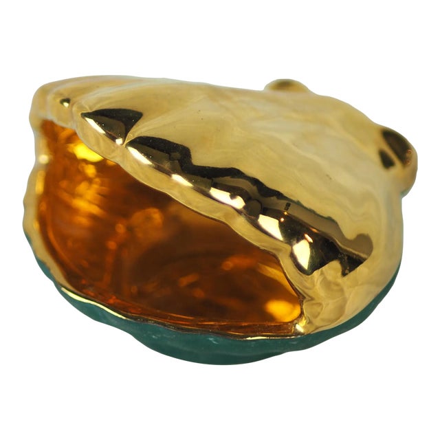 Mid-Century French Limoges Porcelain Tray Gilted Scallop Shell Shaped With a Duck Green Background For Sale