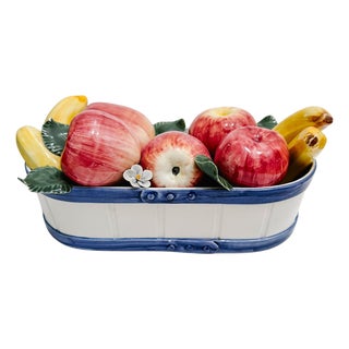 1990s Italian Glazed Ceramic Apples & Bananas Basket Topiary Centerpiece for Gumps San Francisco For Sale
