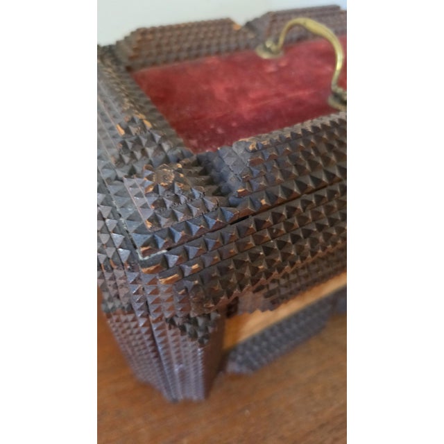 Antique Tramp Art Wooden Box, Hand Carved Folk Art Chest, Chip Carved Jewelry Box, Rustic Primitive Storage, Collectible Decor For Sale - Image 13 of 17