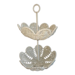 Vintage Palm Beach Coated Two-Tiered Woven Rattan Serving Stand For Sale