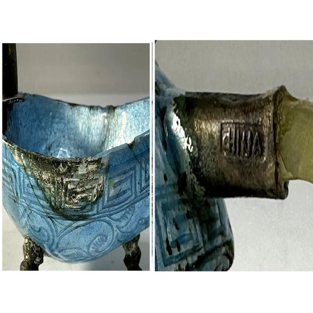 Blue Antique Chinese Cloisonne Scoop: Jade Handle, Qing Dynasty For Sale - Image 8 of 10