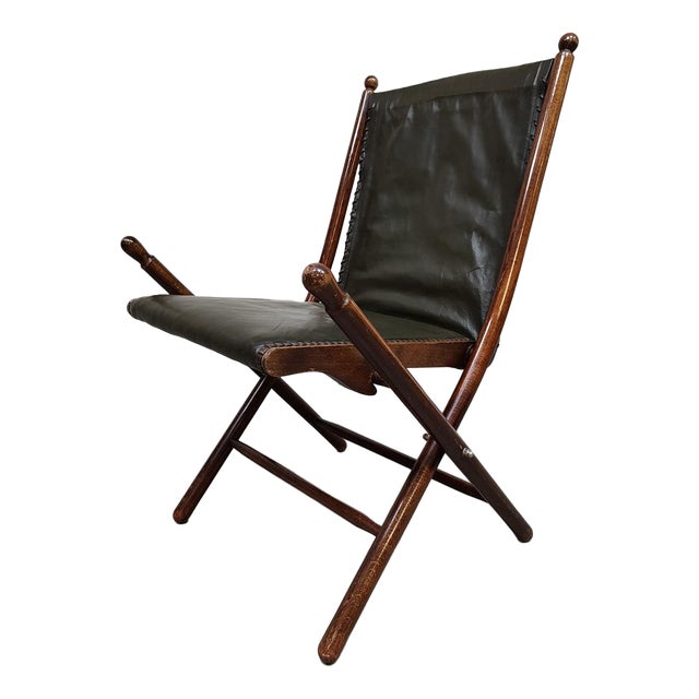 Vintage Leather Folding Campaign Chair by Leren Klapstoel, 1950 For Sale