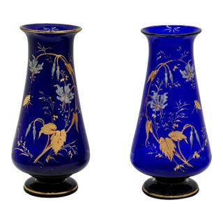 Rare Stunning Antique Victorian Hand Decorated 22k Gold Enameld Cobalt Blue Art Glass Vases by Val Saint Lambert - Mid 19th Century For Sale