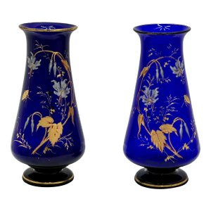 Rare Stunning Antique Victorian Hand Decorated 22k Gold Enameld Cobalt Blue Art Glass Vases by Val Saint Lambert - Mid 19th Century