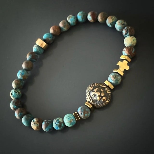 Gemstone Turquoise Lion Men's Beaded Bracelet For Sale - Image 7 of 11
