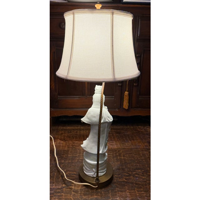 Vintage Blanc De Chine Style Porcelain Guanyin Figural Table Lamp With Brass Base For Sale - Image 15 of 15
