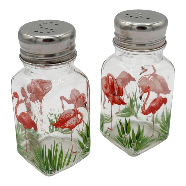 1990s Hand Painted Pink Flamingo Glass Salt & Pepper Shakers by Michel Design Works For Sale