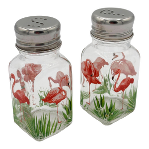 1990s Hand Painted Pink Flamingo Glass Salt & Pepper Shakers by Michel Design Works