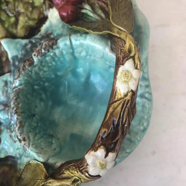 Large English Majolica begonia leaf decorated with strawberries and cherries, circa 1890.