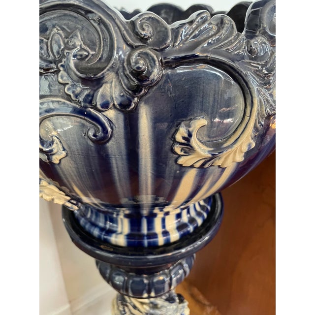 Vintage Blue and White Majolica Urn on Dragon Stand For Sale - Image 4 of 8