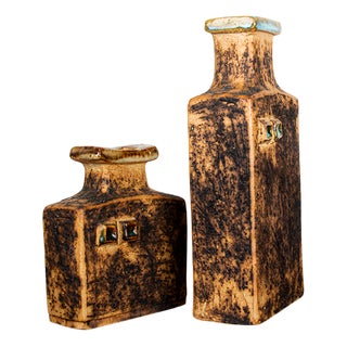 Swedish Brutalist Style Stoneware Vases with Glazed Collar by Curt Magnus-Addin, 1970s, Set of 2 For Sale