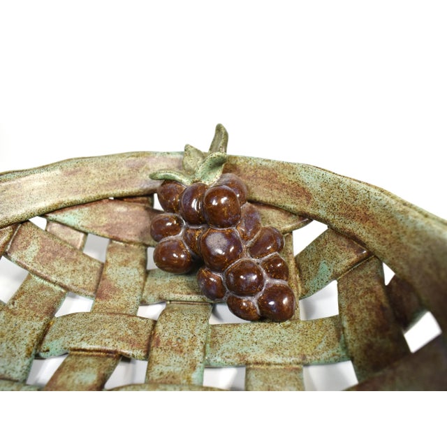 Late 20th Century Handmade Rustic Pottery Woven Ceramic Basket Bowl With Grape Modern For Sale - Image 4 of 7