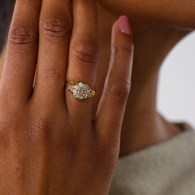 This charming Victorian diamond cluster ring is a beautiful antique jewel from the 1880’s, featuring 11 old mine cut...