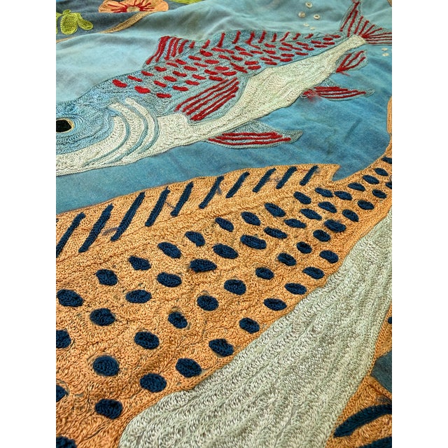 Vintage Hand-Embroidered Cotton Silk Thread Art Wall Hanging wiith Fish Motif, 1970s For Sale - Image 3 of 6