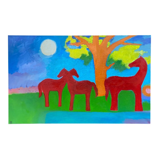 Red Horses Full Moon Large Modern Oil Painting on Canvas by P. L. Bradbury For Sale