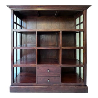 Rustic Mahogany Bookcase With Two Drawers For Sale