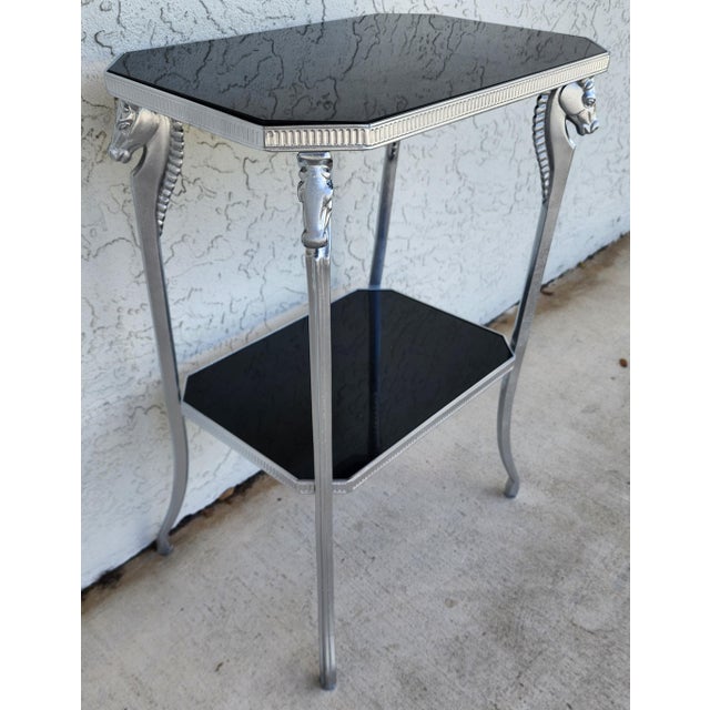 1980s Black Stone and Metal Horse Equine 2 Tier Side Table For Sale - Image 5 of 9