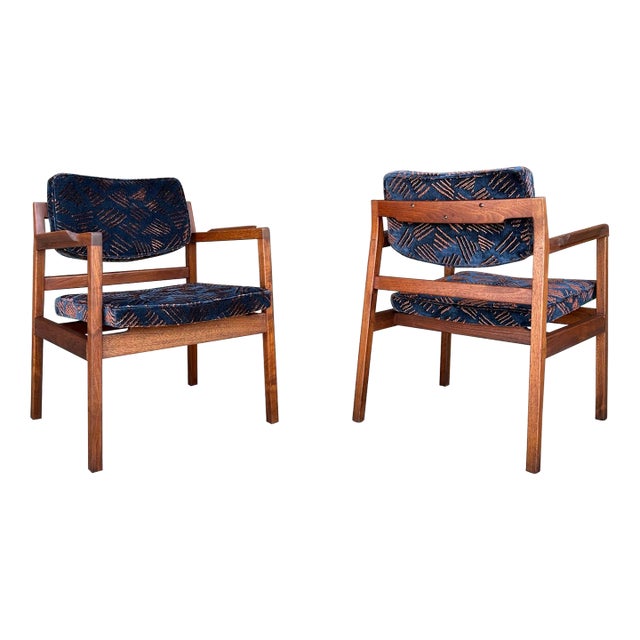 Pair of Walnut Jens Risom Arm Chairs in Jack Lenor Larsen Fabric For Sale