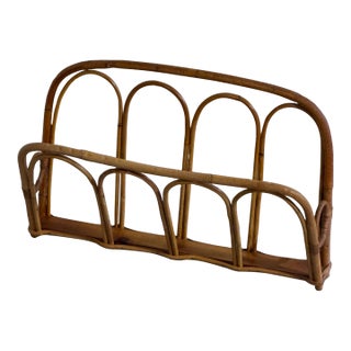 Vintage Boho Rattan Magazine Rack Newspaper Holder Scandinavian Style For Sale