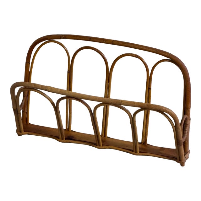 Vintage Boho Rattan Magazine Rack Newspaper Holder Scandinavian Style For Sale