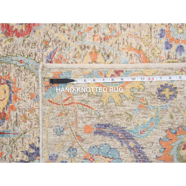 Tan Tan, Hand Knotted Sickle Leaf Design Silk With Textured Wool, XL Runner Oriental Rug For Sale - Image 8 of 9