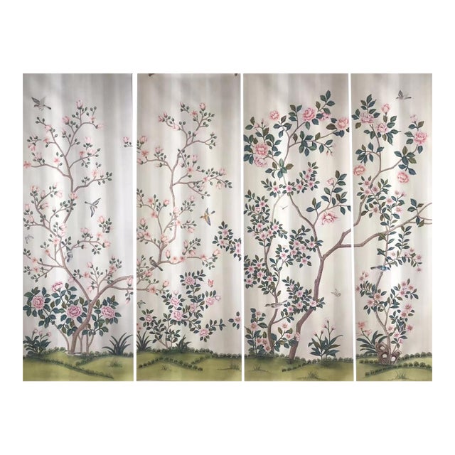 Chinoiserie Hand-Painted Magnolia & Peony Wallpaper Panels, Set of 4 For Sale