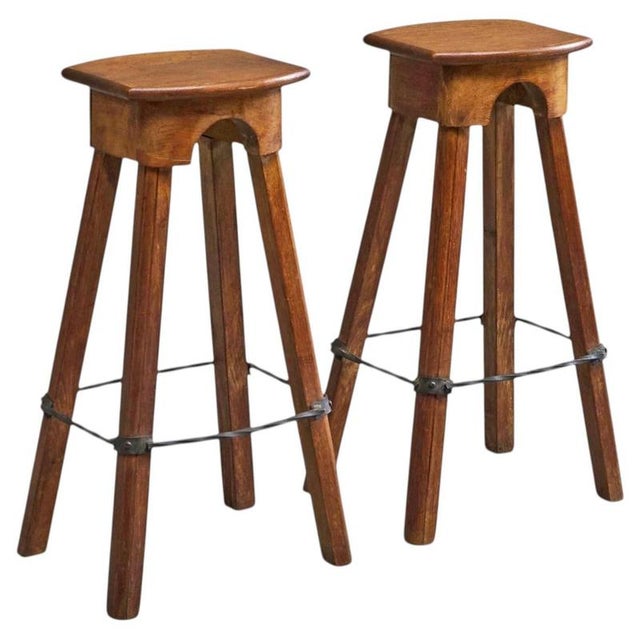 Mid-Century Bar Stools in Oak and Wrought Iron, 1940s, Set of 2 For Sale - Image 11 of 11