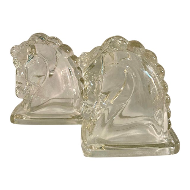 1950s Federal Glass Horse Head Equestrian Bookends - A Pair For Sale