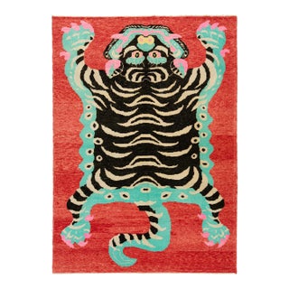 Contemporary Pictorial Designed Handmade Wool Rug in Red For Sale