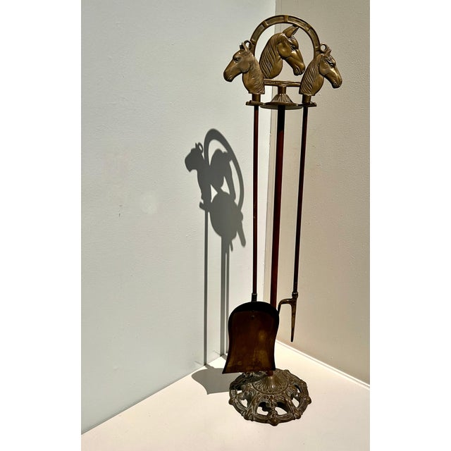 Mid 20th Century Solid Brass Fireplace Tools with Horse Head Handles & Stand - Set of 3 For Sale - Image 5 of 12