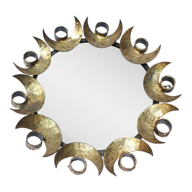 Small Vintage Brutalist Gilded Mixed-Metal Decorative Wall Mirror For Sale