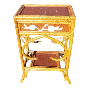 Mother-Of-Pearl Decorated Rattan Flip Top Side Table Cabinet