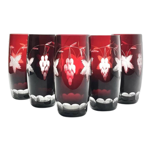 1970s Ruby Red Cut to Clear 5 Crystal Highball Tumbler Glasses