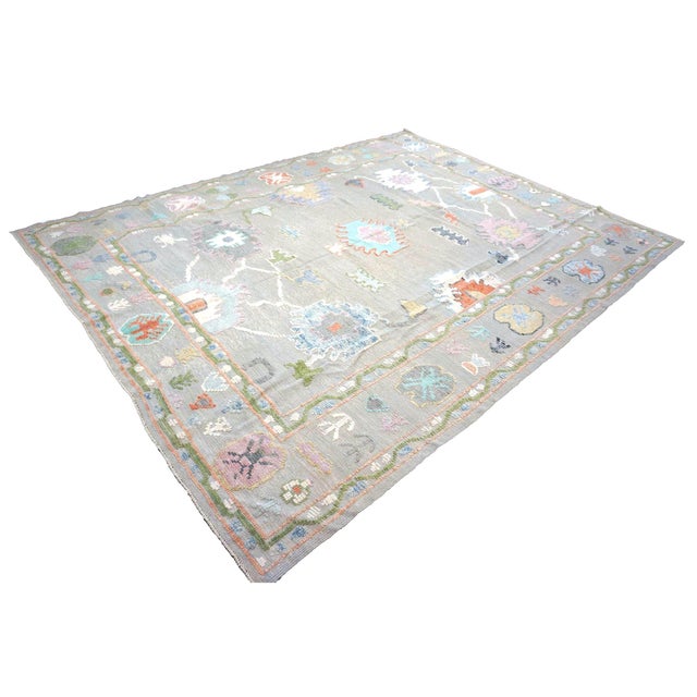 Traditional 21st Century Turkish Oushak Wool 9x12 Gray, Ivory, Orange & Green Handmade Area Rug #1144212 For Sale - Image 3 of 13