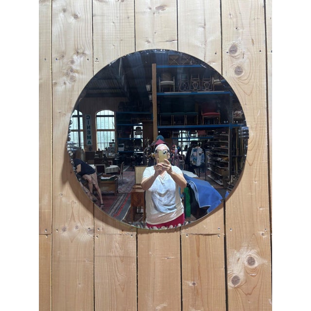 Metal Art Deco Round Mirror Beveled Glass and Chrome Clips, 1930s For Sale - Image 7 of 8