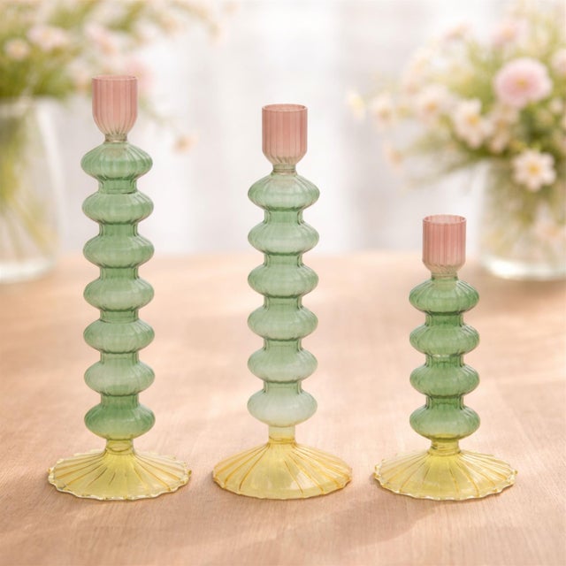 Modern Multicolored Glass Taper Candle Holder (Set of 3) For Sale - Image 3 of 6