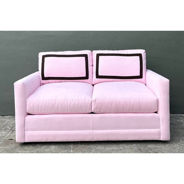 Elevate your home with this sophisticated vintage loveseat by CR Laine, a masterwork of custom tailoring and high-end...