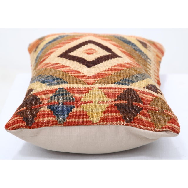 Tribal Arteverk Handwoven Afghan Kilim Lumbar Pillow — Red & Blue Diamond Medallion For Sale - Image 3 of 3