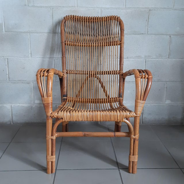 Wood Vintage Italian Rattan and Curved Bamboo Armchair, 1960 For Sale - Image 7 of 14