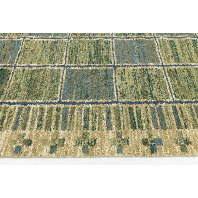 Textile Modern Swedish-Style Flatweave Wool Rug – Moss Green & Slate Blue Geometric Grid For Sale - Image 7 of 10