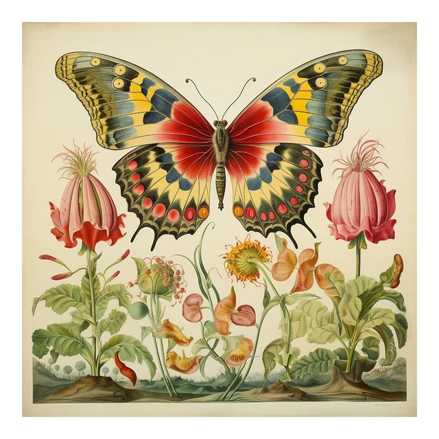 20" X 20" 'Butterfly and Flowers' Fine Art Print For Sale