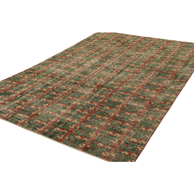 Rug & Kilim Vintage Zeki Müren Rug in Green With Red Geometric Patterns | Rug & Kilim For Sale - Image 4 of 7