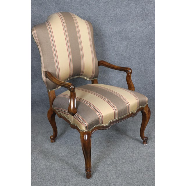 Pair of Gorgeous Century French Louis XV Walnut Armchairs Striped Upholstery For Sale - Image 9 of 12