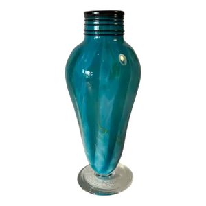 Art Glass Blue Teal Pedestal Vase With Swirl Pattern